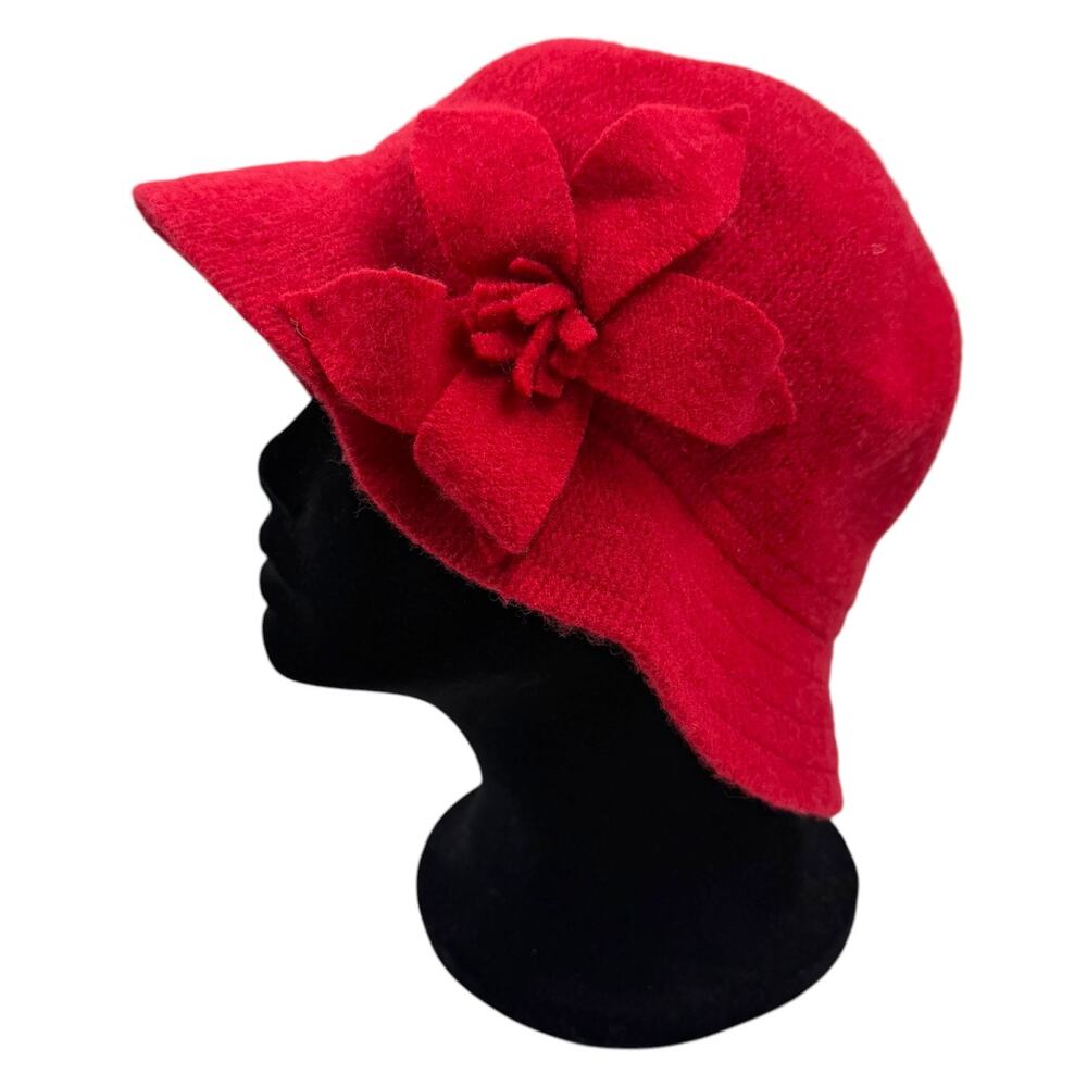 Vtg 90s San Diego Hat Co Wool Blend Bucket Hat Womens Red Fuzzy Flower Cloche